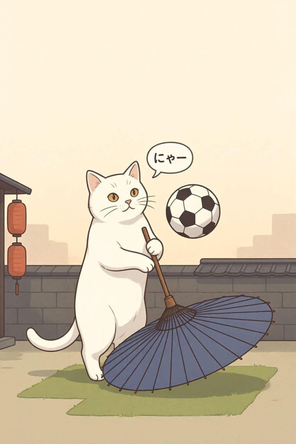 傘の上でサッカーボールを回します