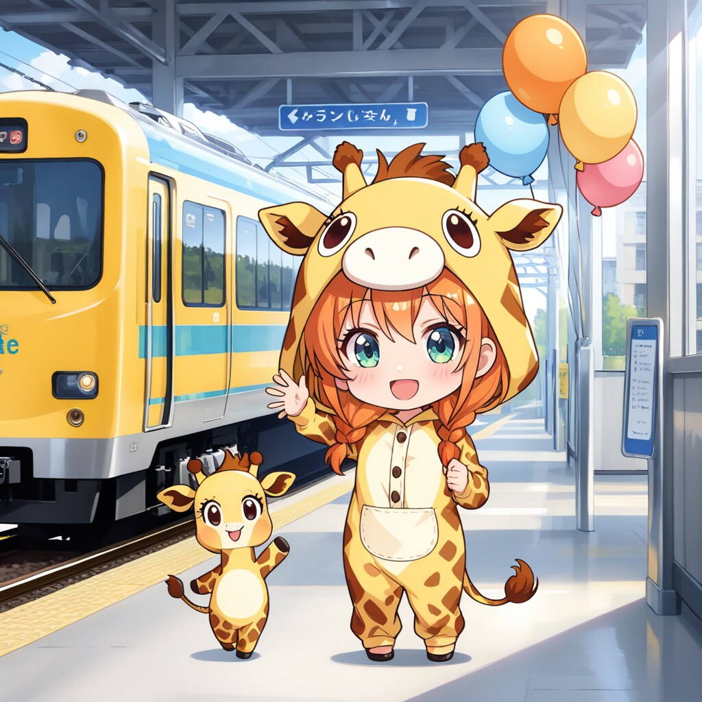 電車とキリン着ぐるみちび子ちゃん | の人気AIイラスト・グラビア