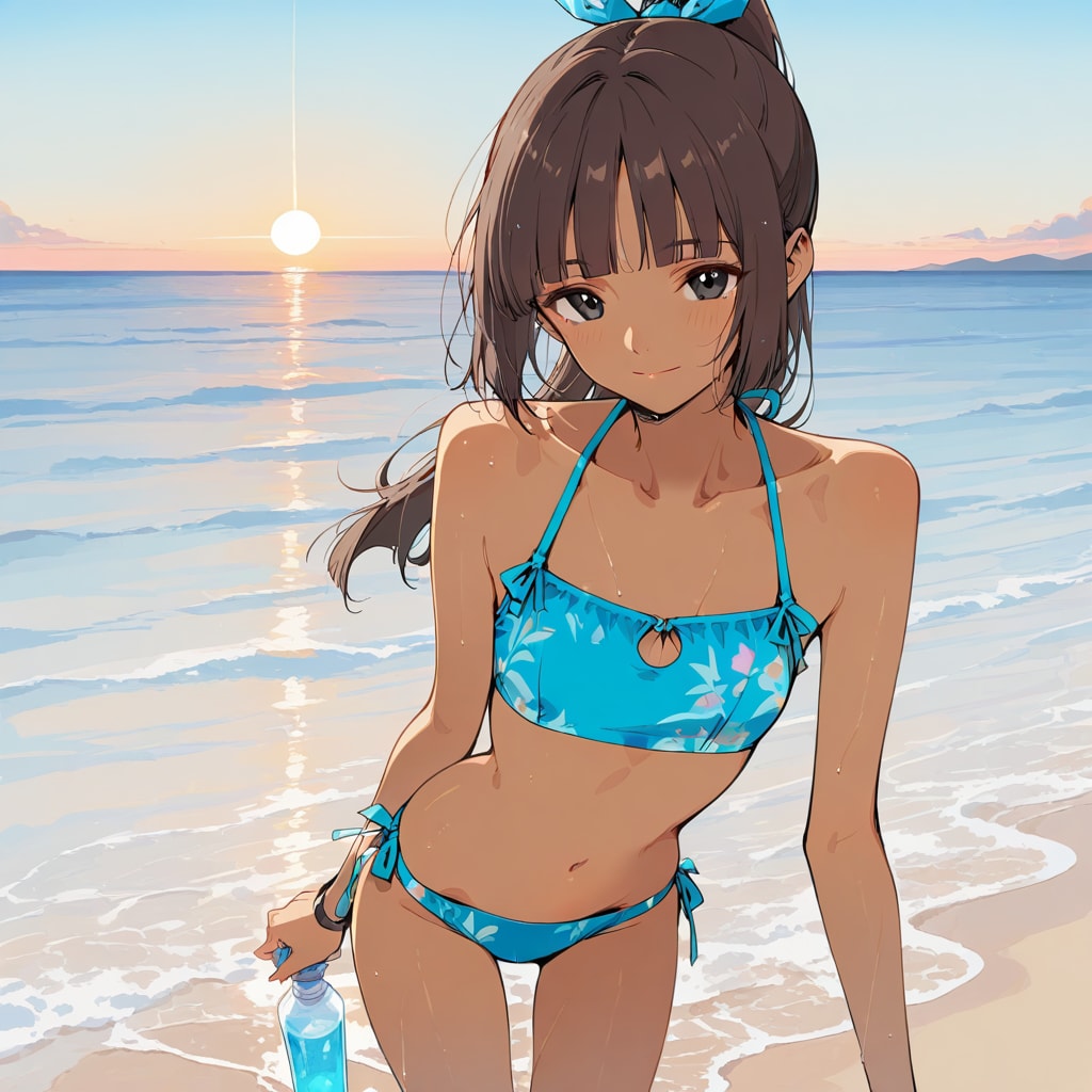 真夏の朝、波打ち際のファーストショット