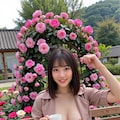 バラに包まれたベンチに座って、コーヒーカップを持ってくつろいでみます。きれいに撮れてるかなw 2枚目