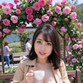 バラに包まれたベンチに座って、コーヒーカップを持ってくつろいでみます。きれいに撮れてるかなw 4枚目