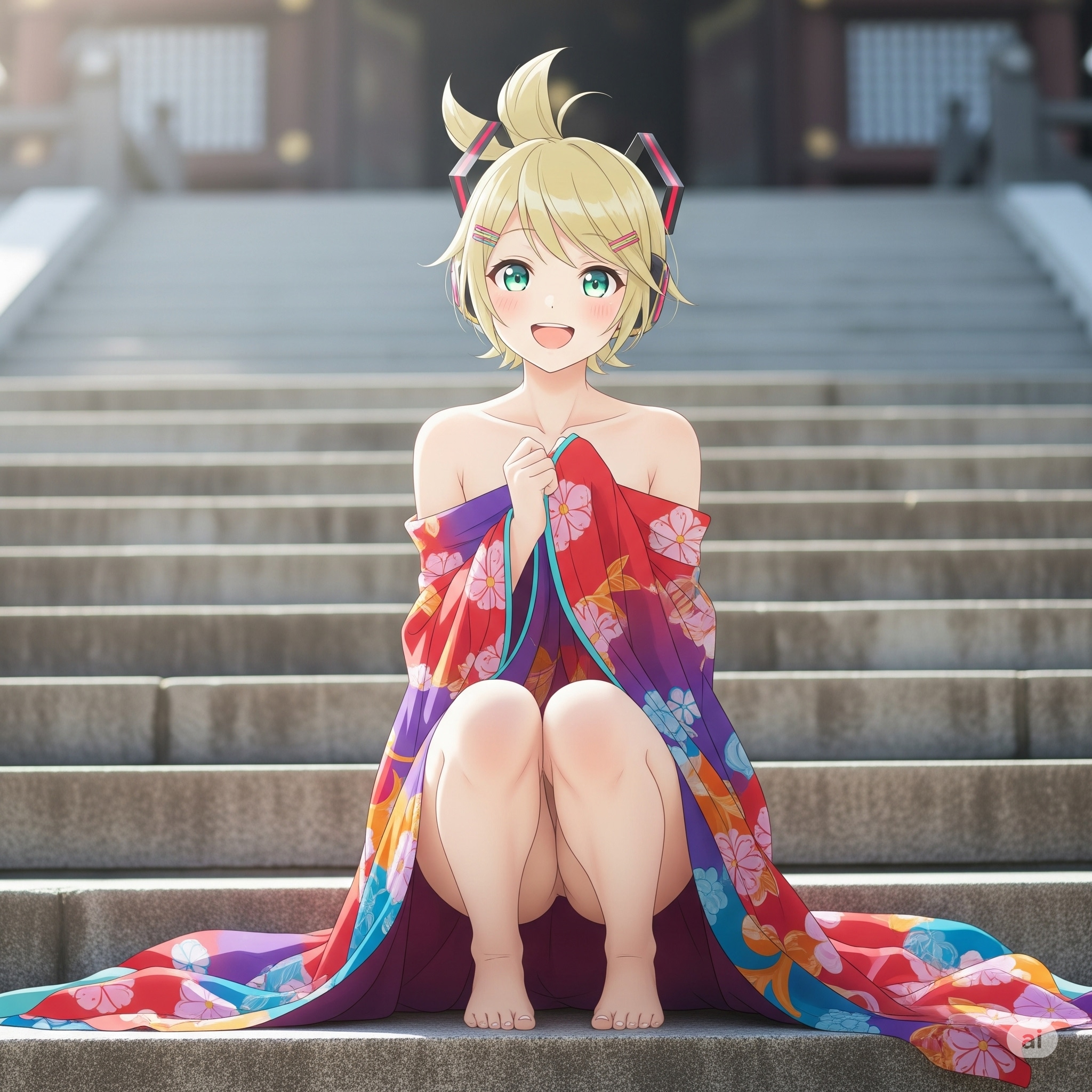 神社の階段にリンさん
