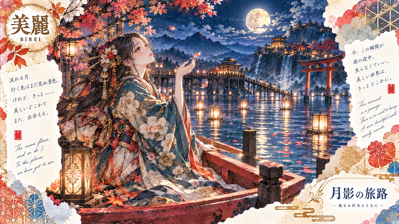 Moonlit Passage — Lanterns on the Water  The moon flows, and so do I.  In a small wooden boat beneat | の人気AIイラスト・グラビア