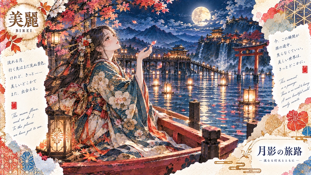 Moonlit Passage — Lanterns on the Water  The moon flows, and so do I.  In a small wooden boat beneat