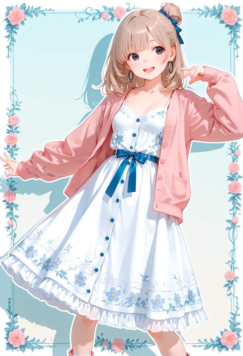 花柄ワンピ ＋ カーディガンのお団子さん