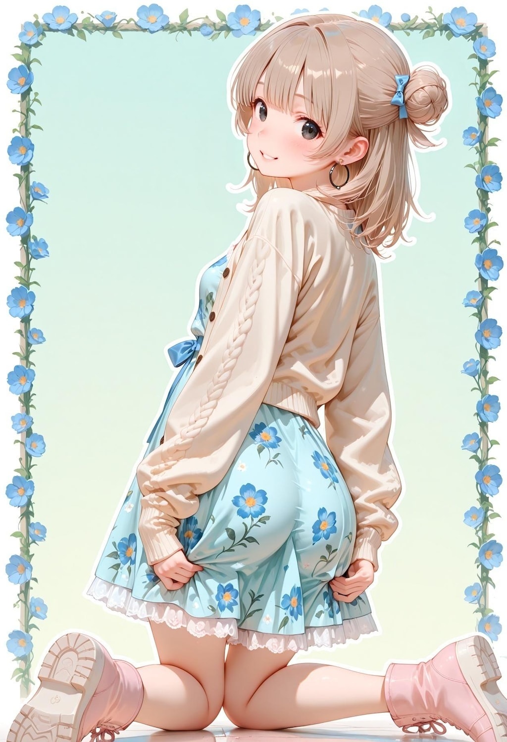 花柄ワンピ ＋ カーディガンのお団子さん