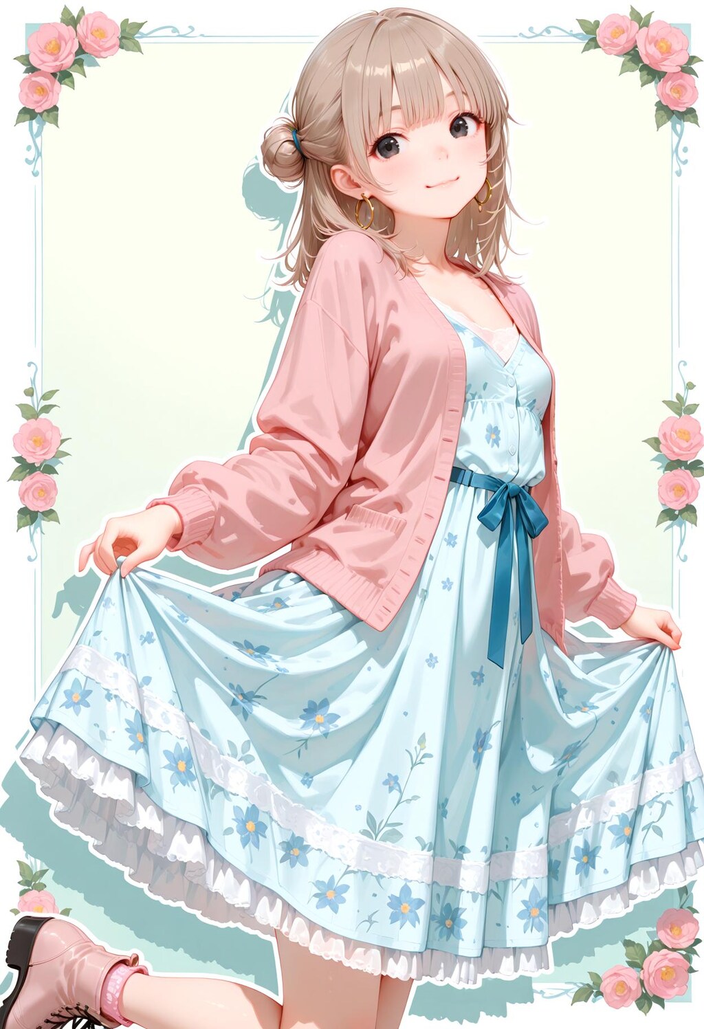 花柄ワンピ ＋ カーディガンのお団子さん