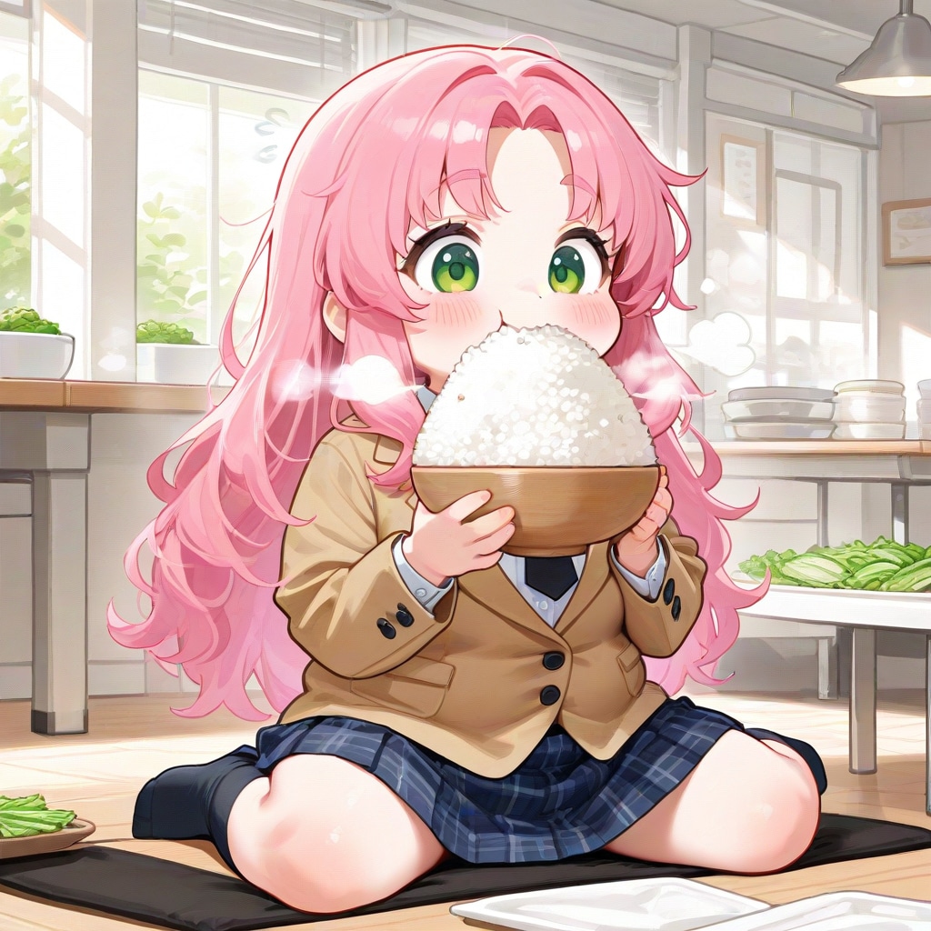 山盛りのご飯を食べるポーズ