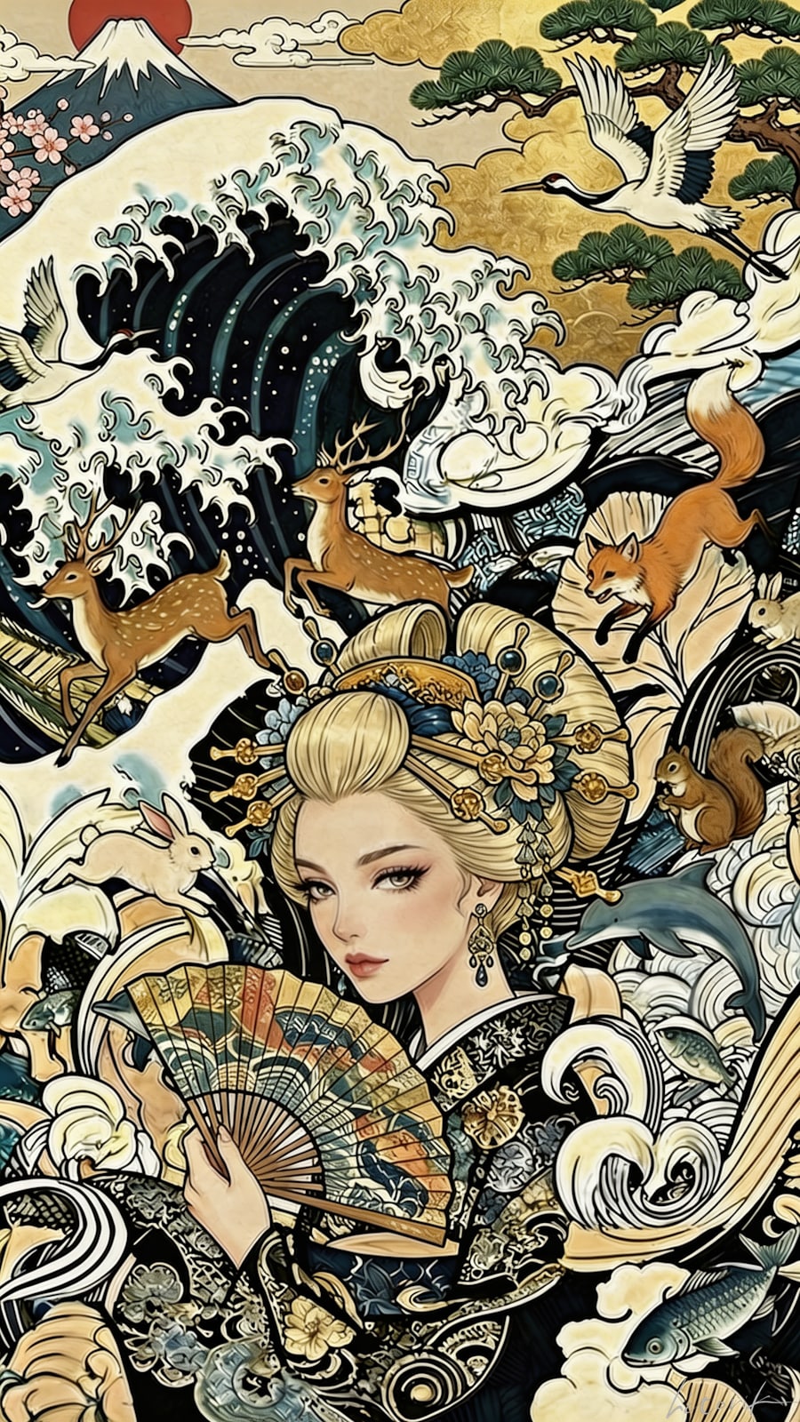 波と富士と動物たちの幻想絵巻／スマホ壁紙アーカイブ | の人気AIイラスト・グラビア