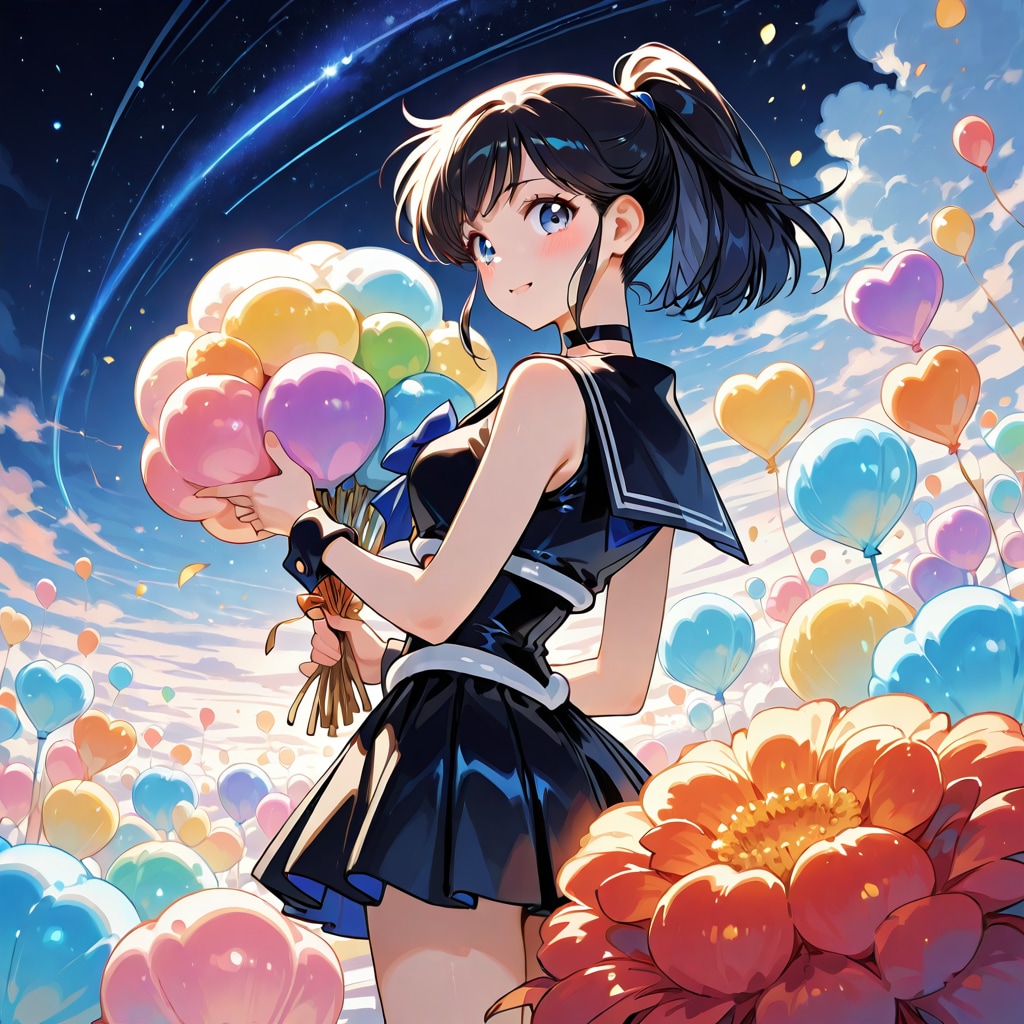 いっぱい色とりどりの風船を持つ黒髪ポニーテールのセーラー服着た美少女 | の人気AIイラスト・グラビア