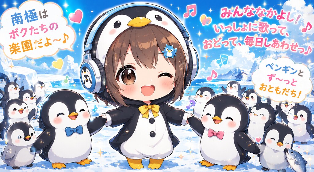ヘッドフォンを付けたペンギン娘と南極ペンギン達🧊３