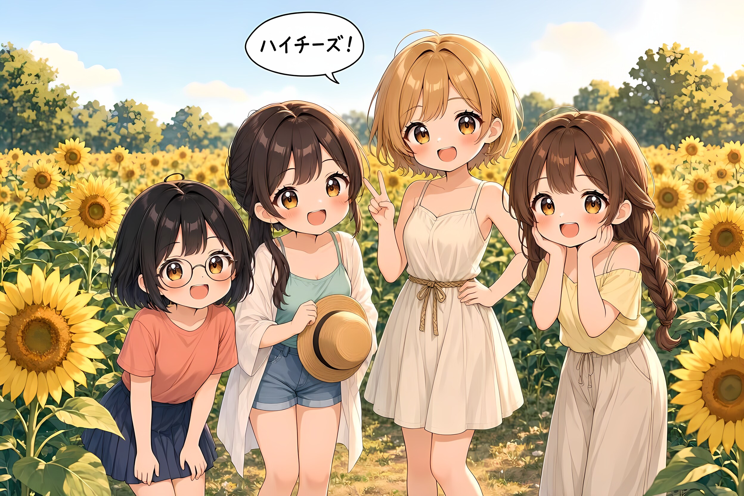 今日の夏休み（ひまわり畑でハイチーズ１） | の人気AIイラスト・グラビア