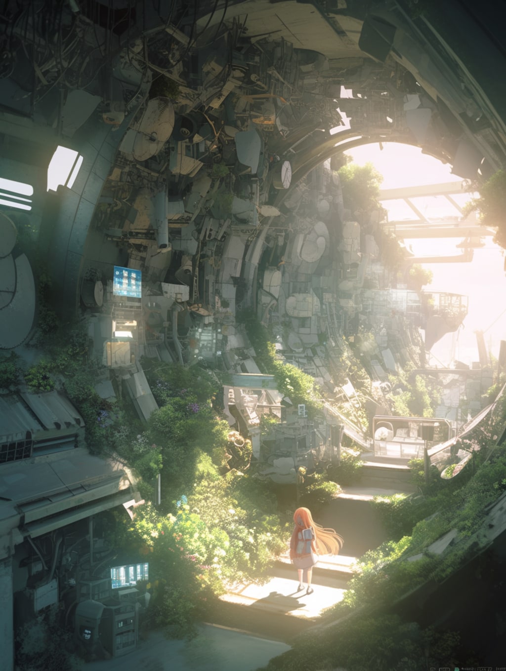 スペースコロニーの中を歩いている女の子 Girl walking through space colony