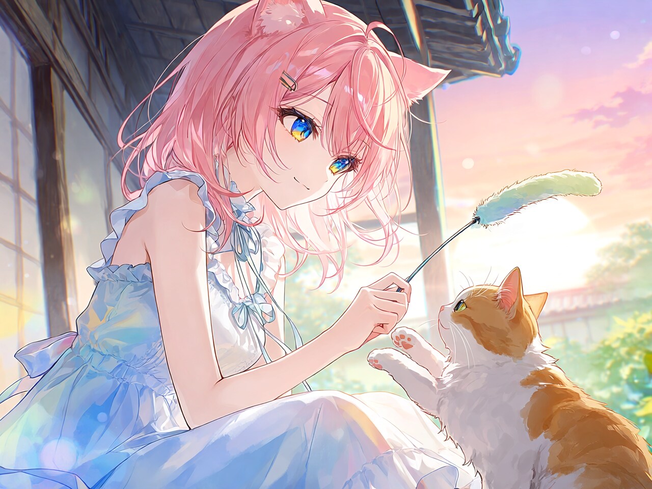 猫と戯れる猫耳さん