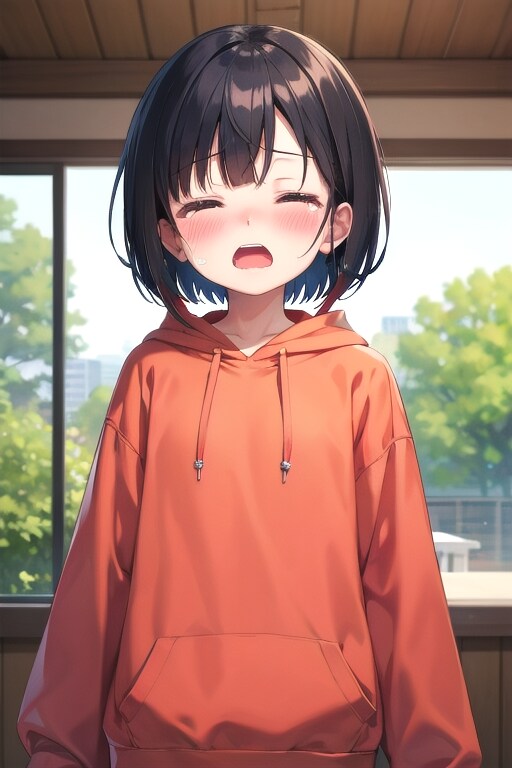 泣いている赤いパーカーの少年
