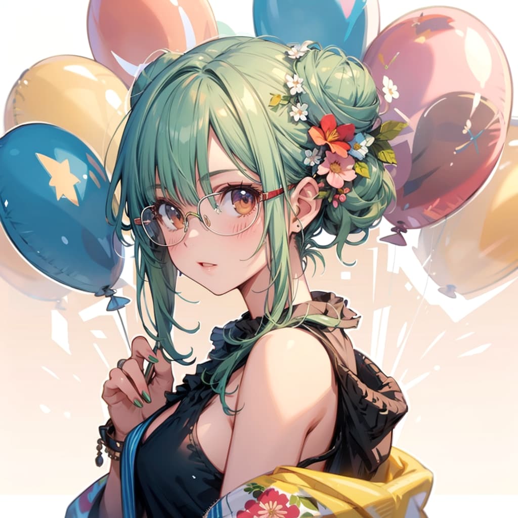 いっぱい色とりどりの風船を持つ緑髪お団子ヘアの眼鏡かけた花柄の着物着た美女 | の人気AIイラスト・グラビア