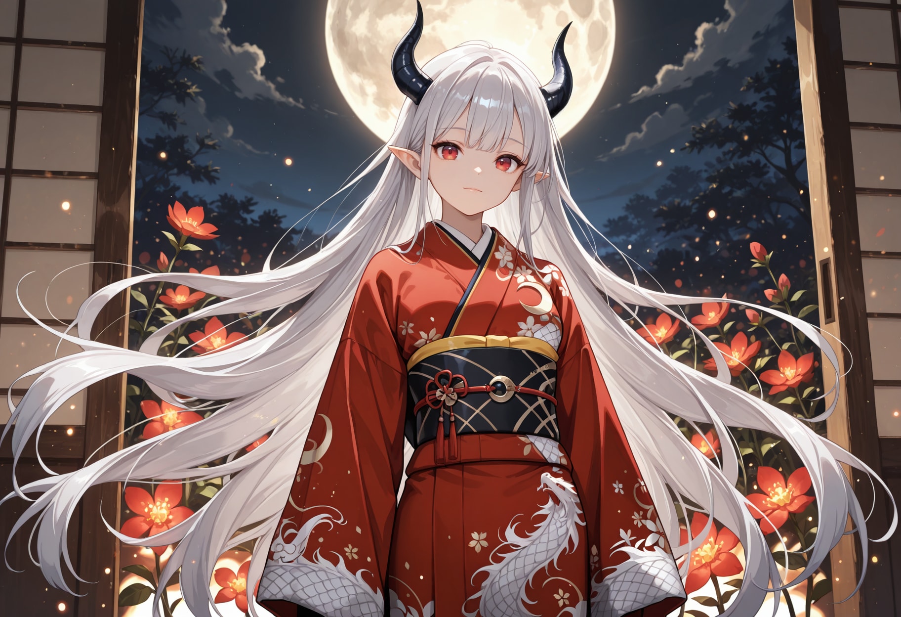 赤い瞳と赤い着物な銀髪竜姫さん