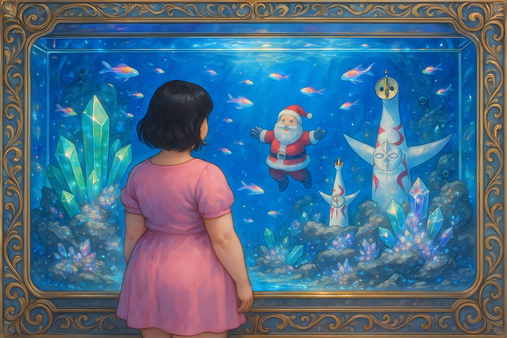 沈む太陽の塔と泳ぐサンタクロース