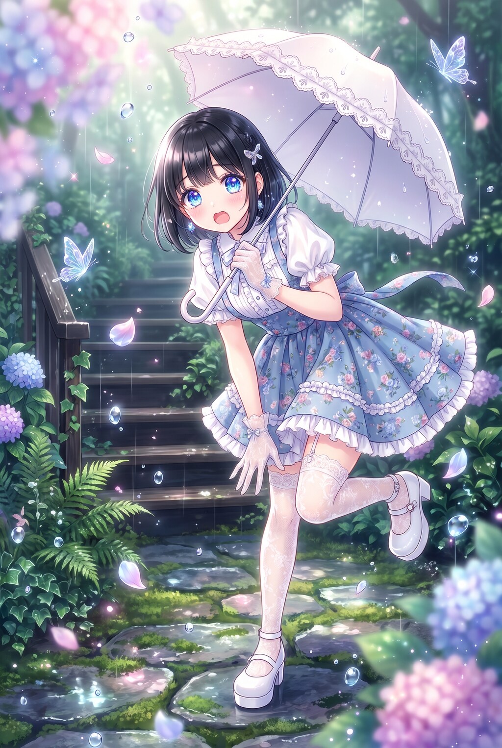 白蕾雨傘の庭