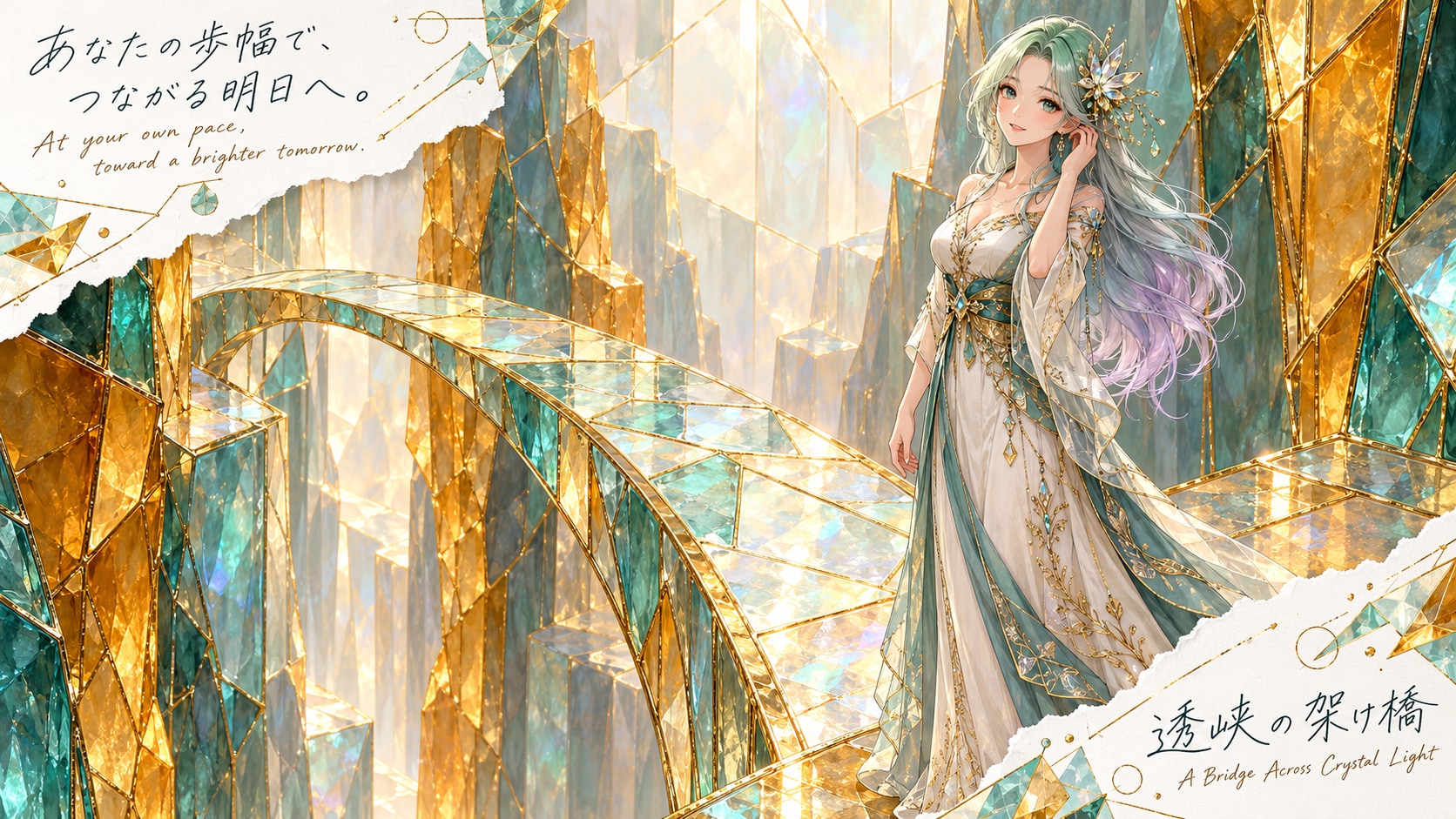 At Your Own Pace  Set within a breathtaking canyon of geometric crystals and golden prism light, a r | の人気AIイラスト・グラビア