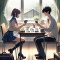 教室でカードゲームをする少年と少女 2枚目