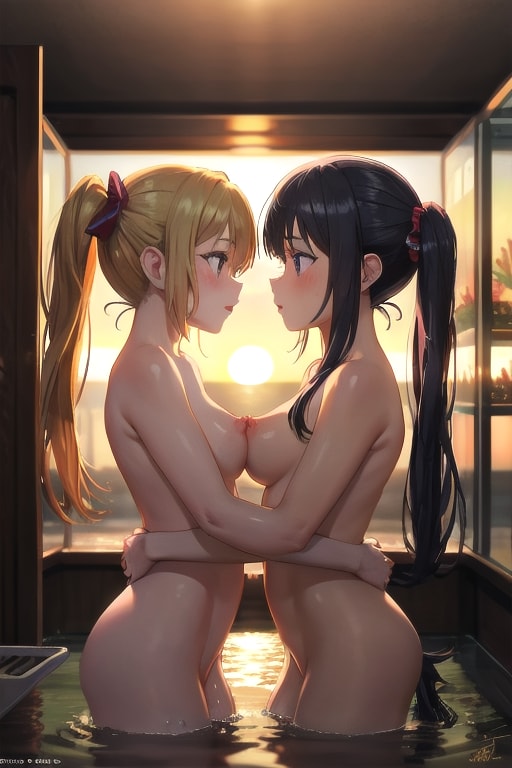 見つめ合う2人、チクビを重ね合わせ夕日に愛を誓いあう