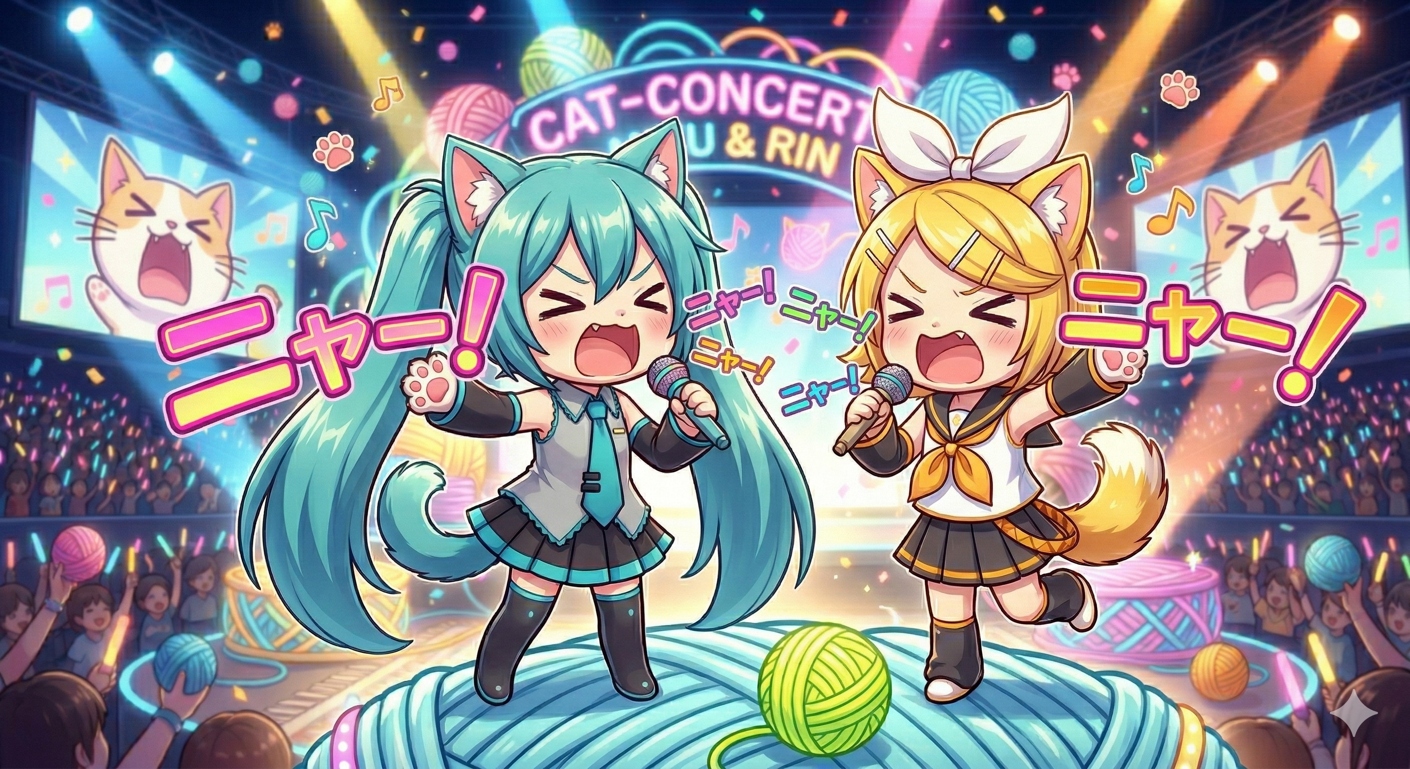 猫ミクちゃんと猫リンちゃんのライブ | の人気AIイラスト・グラビア