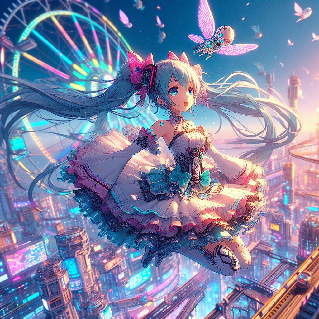 風の初音ミク、観覧車とネオン街