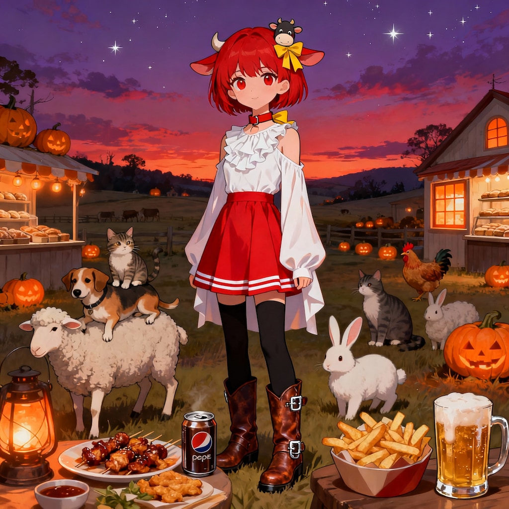 友達の動物たちと目の前で食べるのは申し訳ない系料理を前にする寒そうだけどブーツは何か高そう系ハロウィンパーティ女子