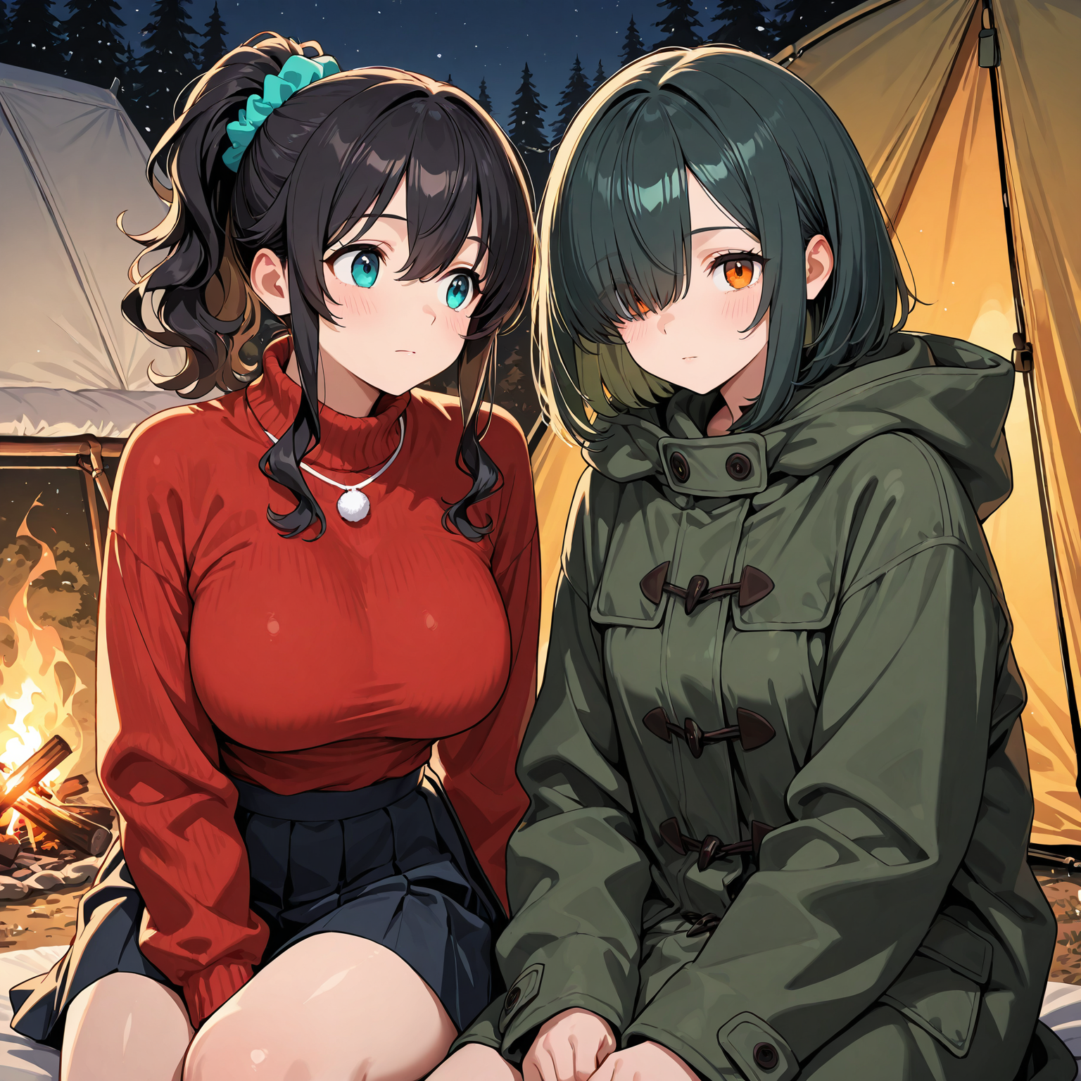 ポニテ先輩と目隠れボブ子のキャンプ | の人気AIイラスト・グラビア