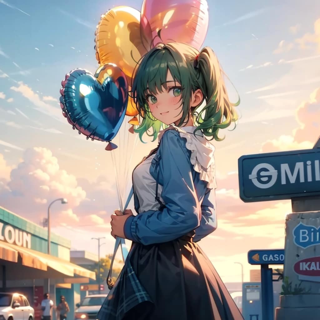いっぱい色とりどりの風船を持つ緑髪ツインテールのガソリンスタンドの美女店員さん