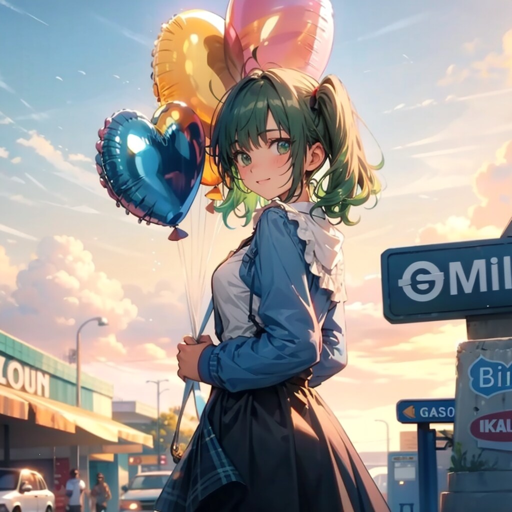 いっぱい色とりどりの風船を持つ緑髪ツインテールのガソリンスタンドの美女店員さん