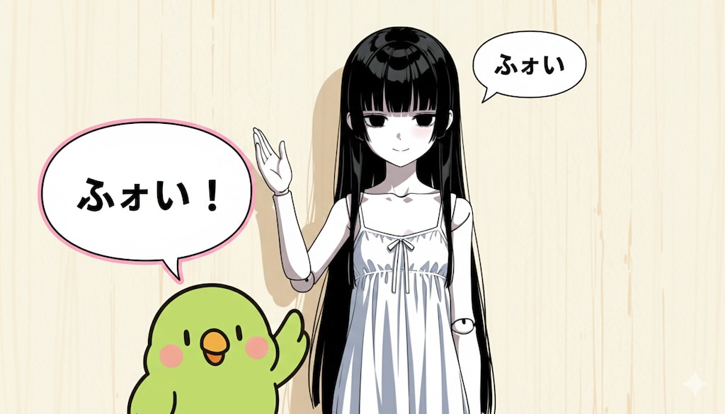 ドールちゃんに言葉を教えるインコ