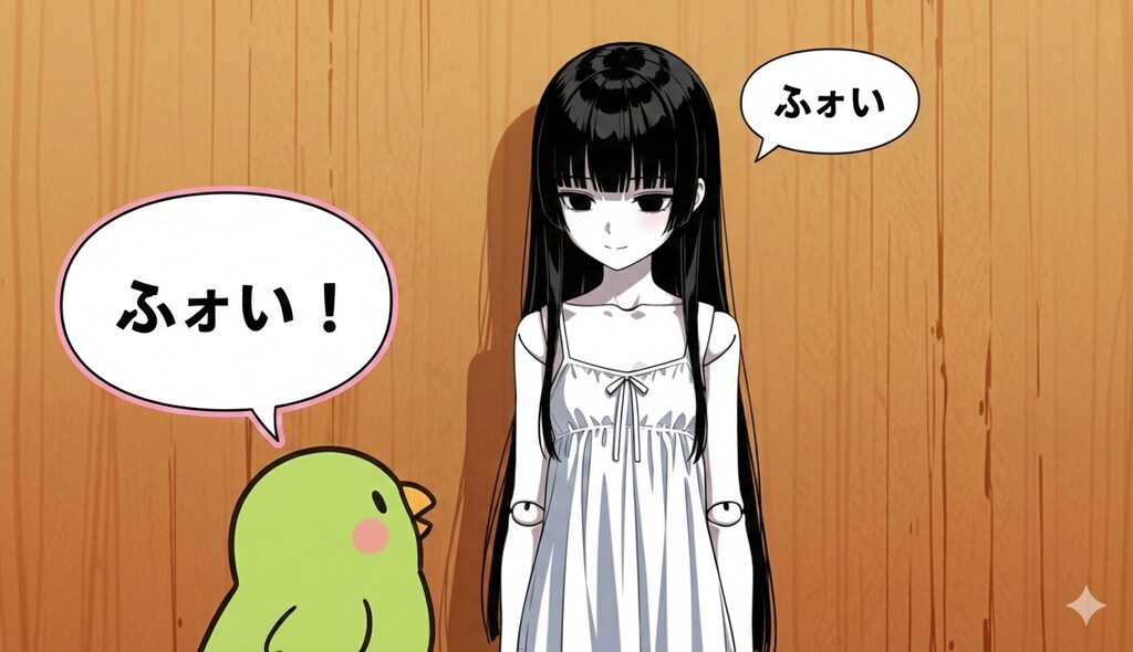 ドールちゃんに言葉を教えるインコ