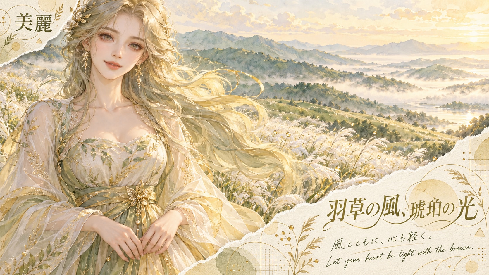 Whispers of Golden Grass  Set against a breathtaking golden meadow of swaying pampas grass bathed in | の人気AIイラスト・グラビア