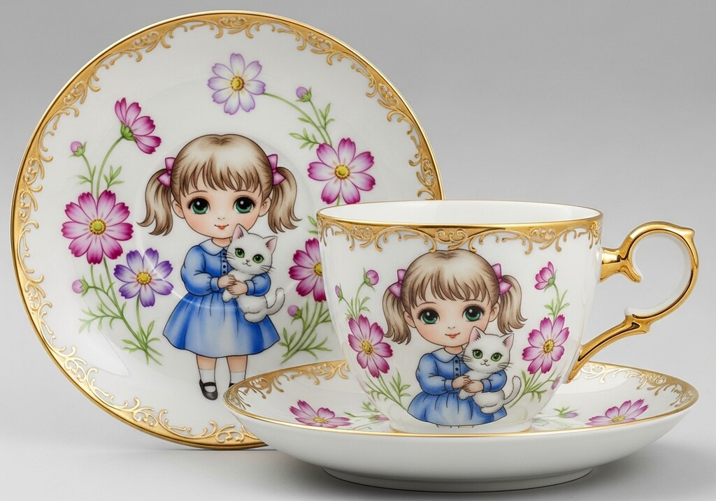 カップとソーサー・秋桜と少女と猫