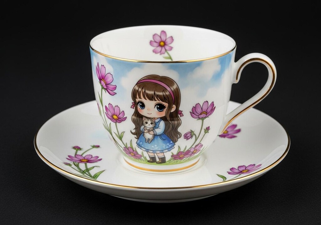 カップとソーサー・秋桜と少女と猫