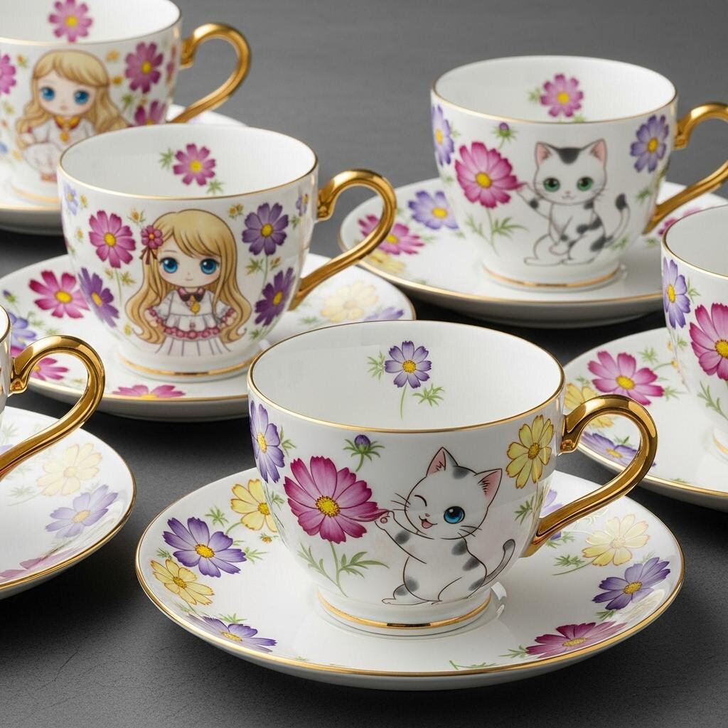 カップとソーサー・秋桜と少女と猫