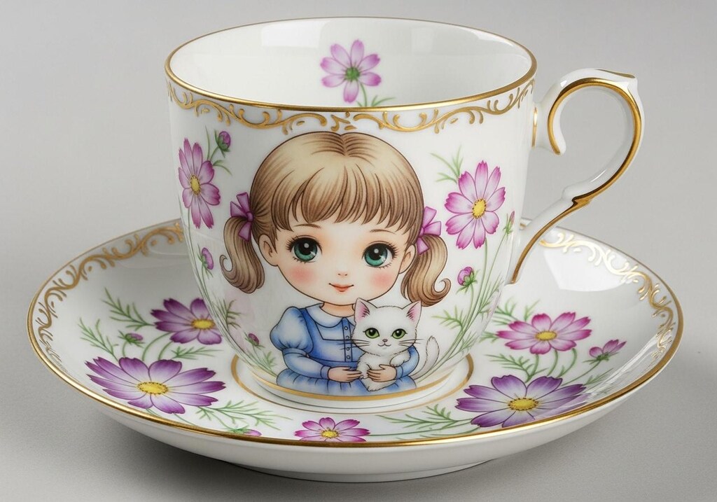 カップとソーサー・秋桜と少女と猫