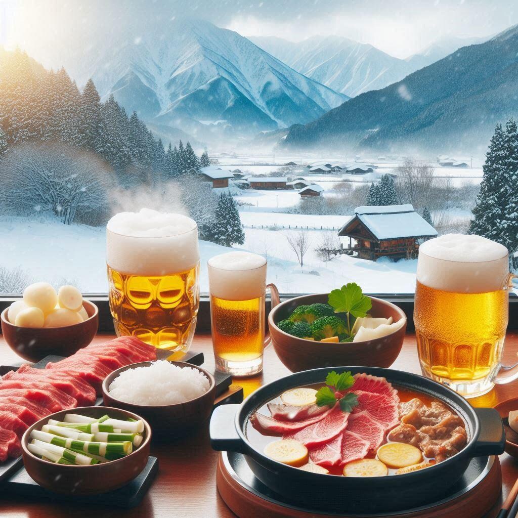 景色を観ながら鍋と泡の出るヤツ