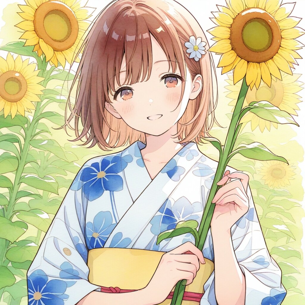 ひまわりと浴衣の少女