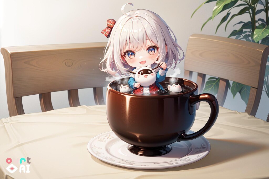 お友達を抱えてホットココアに入って楽しんでいるちびちゃん