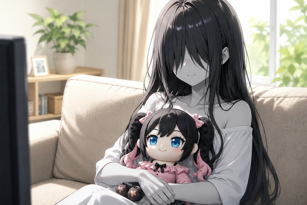 ぬいぐるみを抱いてTVを観る貞ちゃん