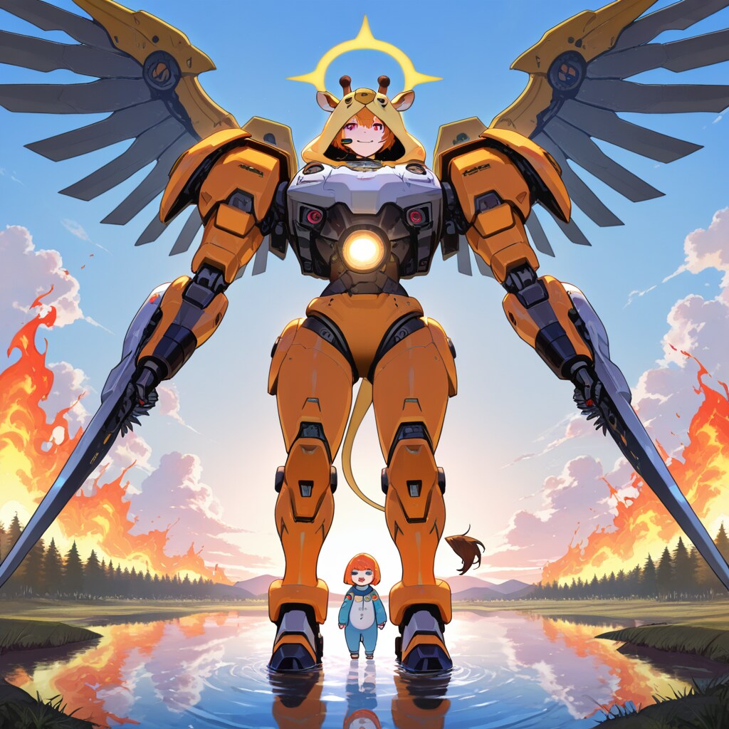 巨大キリンロボと小さいキリン着ぐるみちび子ちゃん