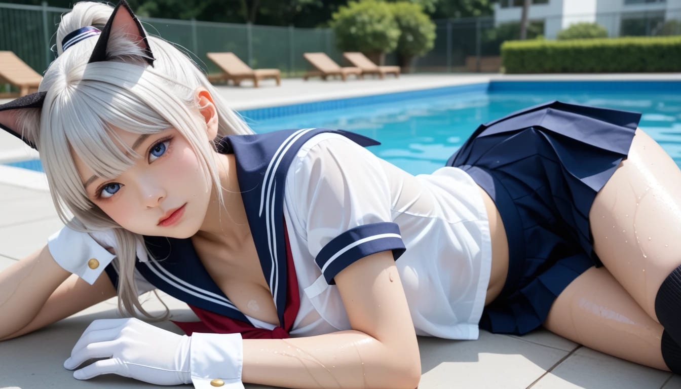 濡れセーラー×絶対領域＝反則！白猫JKちゃんの『見えそうで見えない』が最高にエロい！