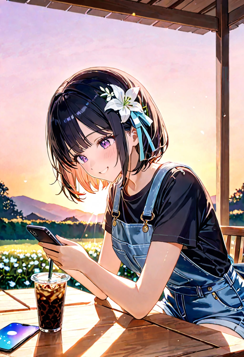 夕暮れの公園でスマホをいじるひまり2