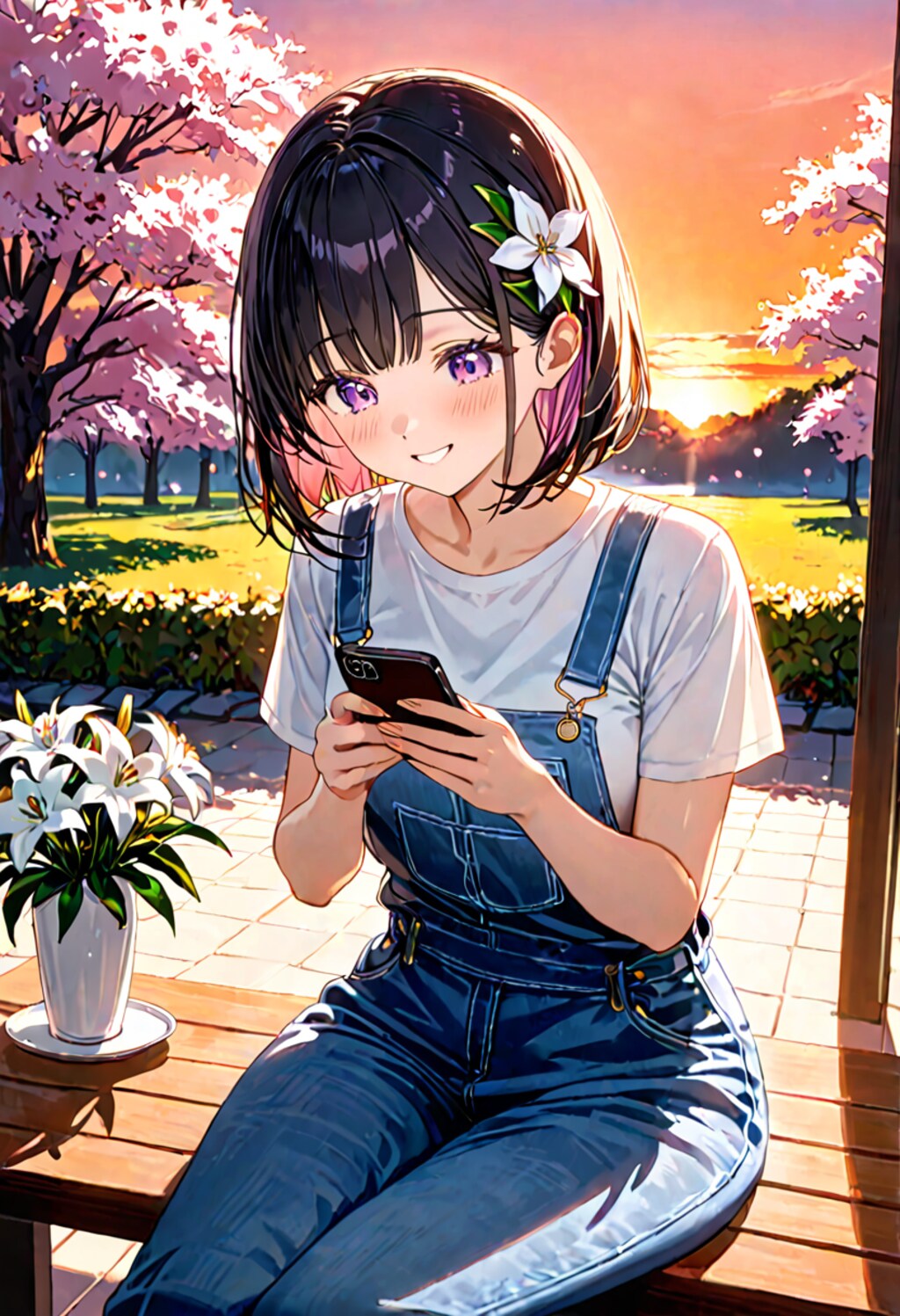 夕暮れの公園でスマホをいじるひまり2