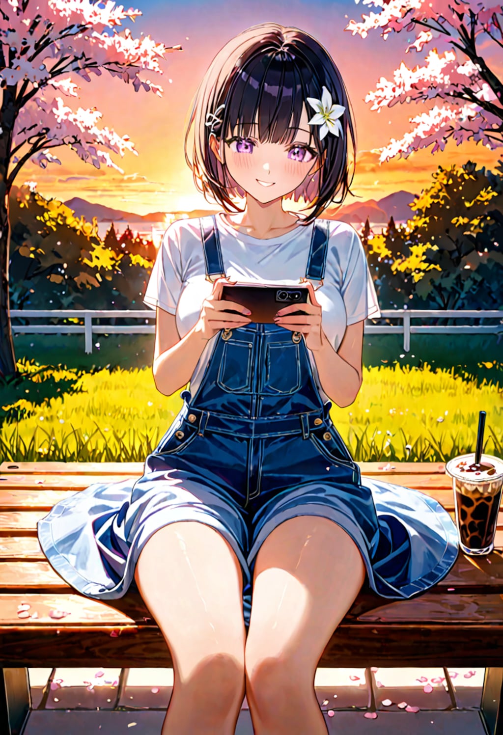 夕暮れの公園でスマホをいじるひまり2
