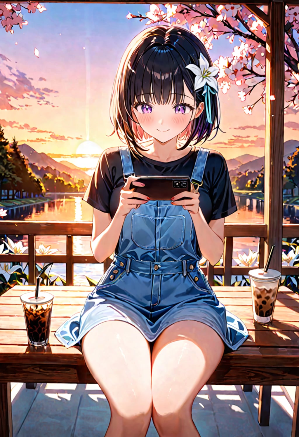 夕暮れの公園でスマホをいじるひまり2