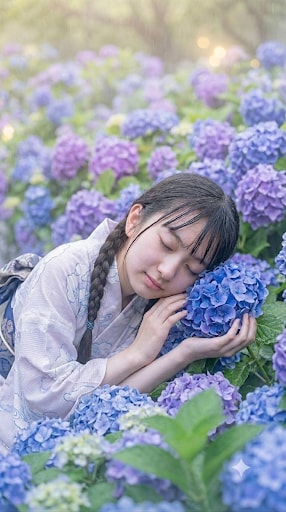 霧雨に濡れる優しい紫陽花の柔らかさを確かめて心癒される